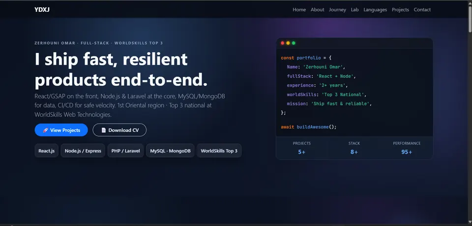 Page d’accueil du portfolio de développeur