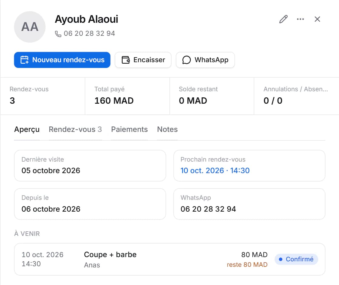 Fiche client DigiPlan : rendez-vous, total payé, solde et prochain rendez-vous