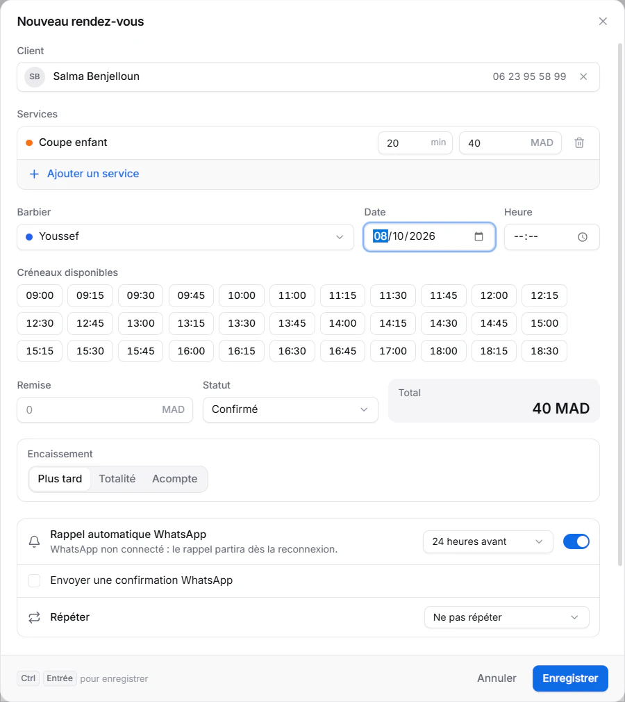 Création d’un rendez-vous : client, prestation, créneaux disponibles, encaissement et rappel