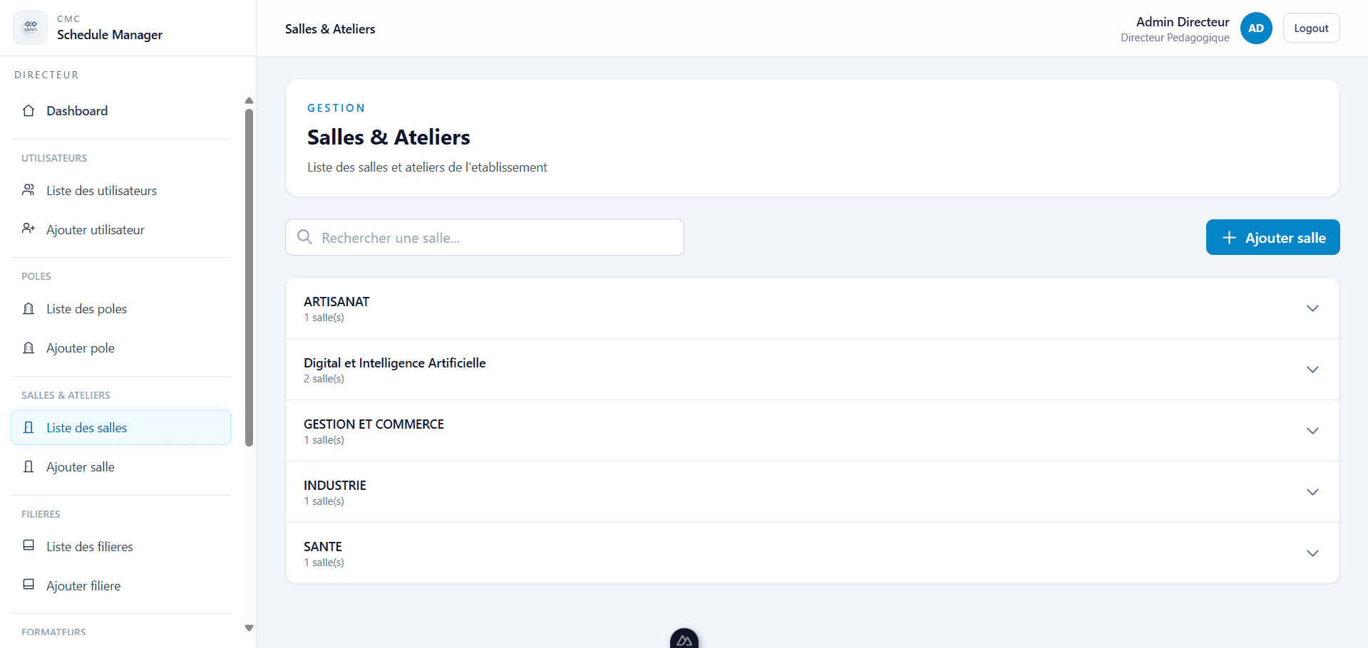 Interface de la plateforme OFPPT : liste des salles et ateliers par pôle