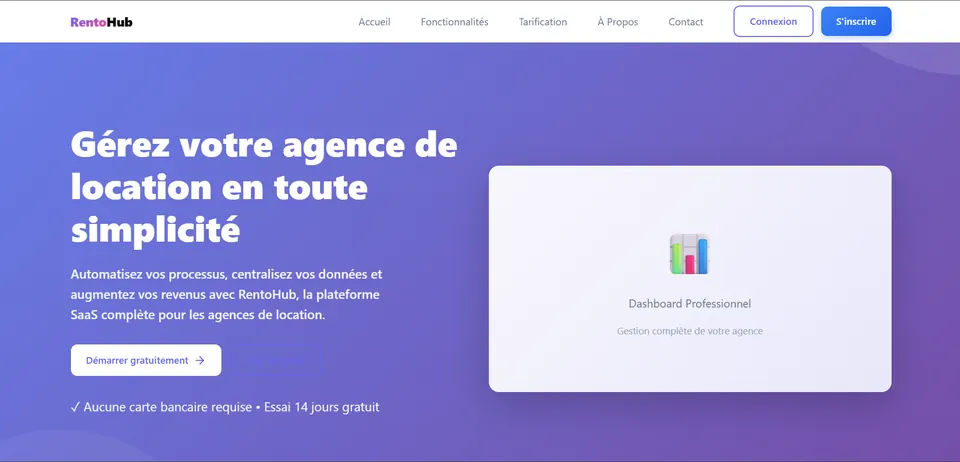 Page d’accueil de la plateforme RentoHub pour agences de location